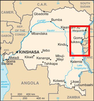 Map of the Democratic Republic of Congo showing the approximate zone of conflict.  The city of Goma has historically been a major point of contention and one can see the tri-border region with Uganda and Rwanda.