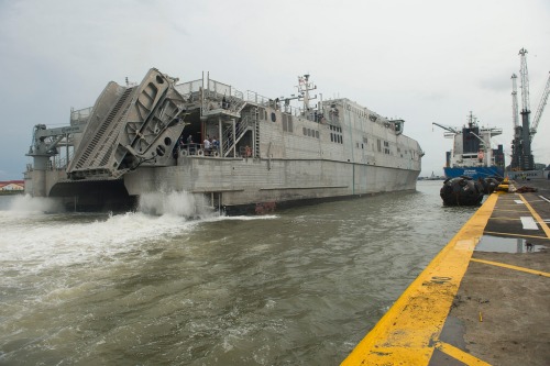 USNS Spearhead (JHSV-1) maneuvers alongside the pier in Lagos, Nigeria on 13 April 2014. Spearhead was in Nigeria for Obangame Express 2014.